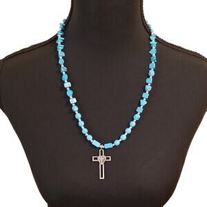 Handmade Turquoise Beaded Necklace Cross Pendant Religious Statement Jewelry